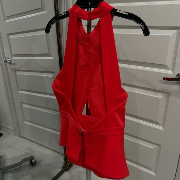 BCBGMaxAzria Peplum Vibrant Red Top Size L Open Back EUC - Picture 2 of 4